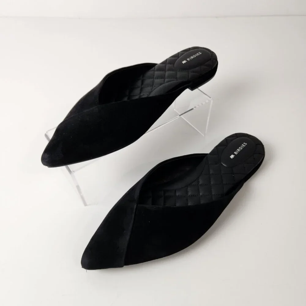 Birdies Shoes Womens 9.5 Black Swan Suede Mules Quilted Flats Leather Slip On - Picture 14 of 14